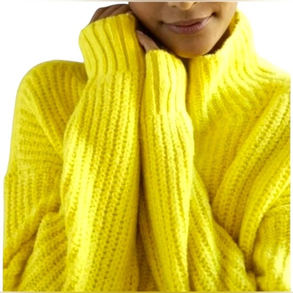 Anthropology lemon yellow funnel neck knit sweater size medium - Picture 2 of 10